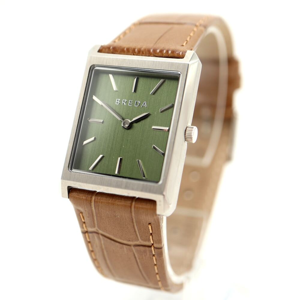 Breda Virgil Unisex Silver Tone 26mm Tank Watch Green Tan Leather w New Battery